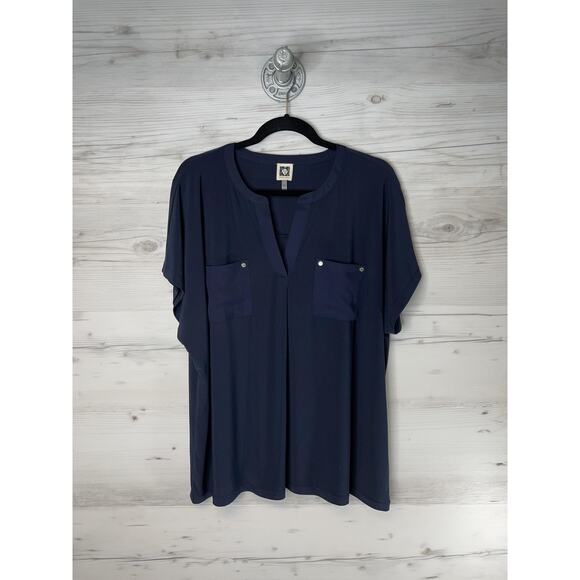 Anne Klein Shirt Womens 2X Navy Split Neck Short Sleeve Pockets Stretch Plus - Picture 1 of 10